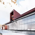 Sales office building with modern red roof design and outdoor area surrounded by trees
