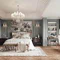 Elegant Classic Bedroom Interior With King Size Bed Crystal Chandelier Decorative Ceiling And Dark Curtains