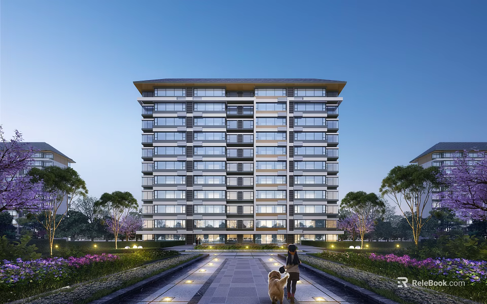 Modern High Rise Residential Building With Landscaped Pathways 3d model 