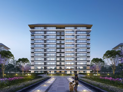 Modern High Rise Residential Building With Landscaped Pathways 3d model