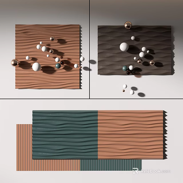 Wavy Textured Wall Decor With Brown Green Panels And Decorative Balls 3d model 