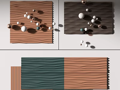 Wavy Textured Wall Decor With Brown Green Panels And Decorative Balls 3d model