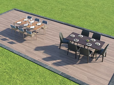 Outdoor Dinnerware Set with Dining Table Chairs on Wooden Patio and Grass Lawn 3d model