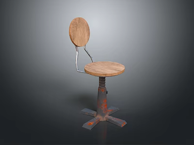 Rustic Wooden Stool With Round Backrest Sturdy Metal Frame And Adjustable Wheeled Base 3d model
