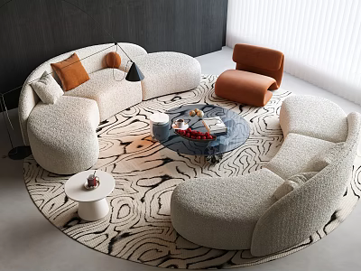 Modern White Round Sofa Coffee Table Set With Orange Accent Chair And Patterned Rug 3d model