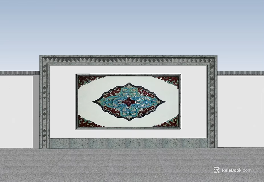Traditional Feature Wall With Intricate Blue Red Pattern And Ornate Frame 3d model 
