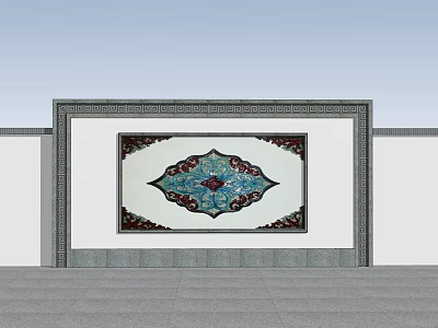 Traditional Feature Wall With Intricate Blue Red Pattern And Ornate Frame 3d model