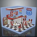 Retro Route 66 Diner Interior With Red Chairs Counter Jukebox And Checkered Floor