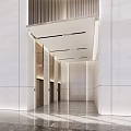 Modern Elevator Hallway Design With White Stone Walls Wooden Ceiling Accents And Sleek Entryway Finishes