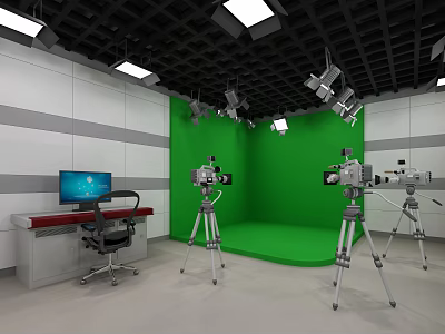Professional Studio Setup With Green Screen Multiple Cameras Lighting And Control Desk 3d model