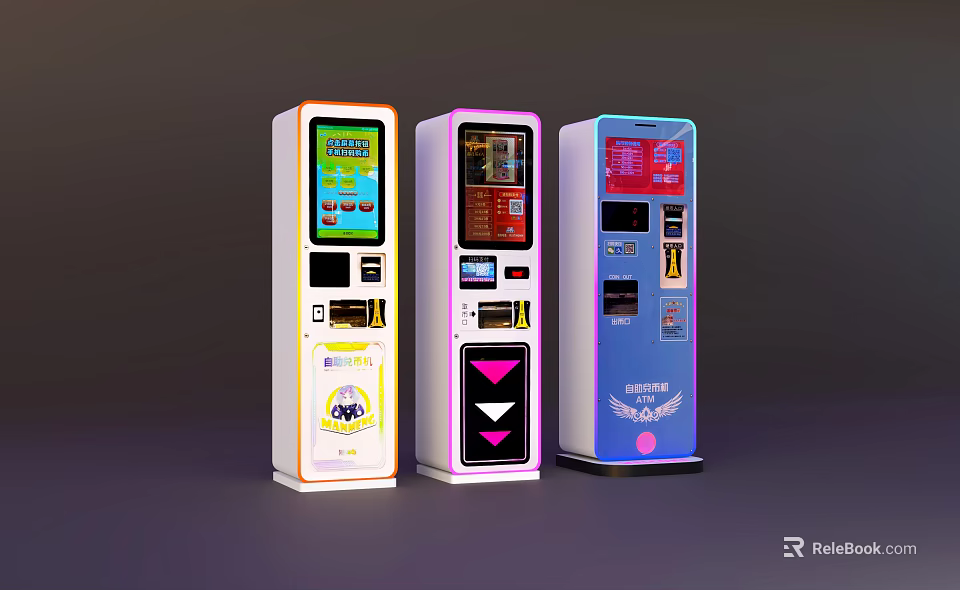 Colorful Amusement Vending Machines With Digital Screens And Payment Interfaces 3d model 