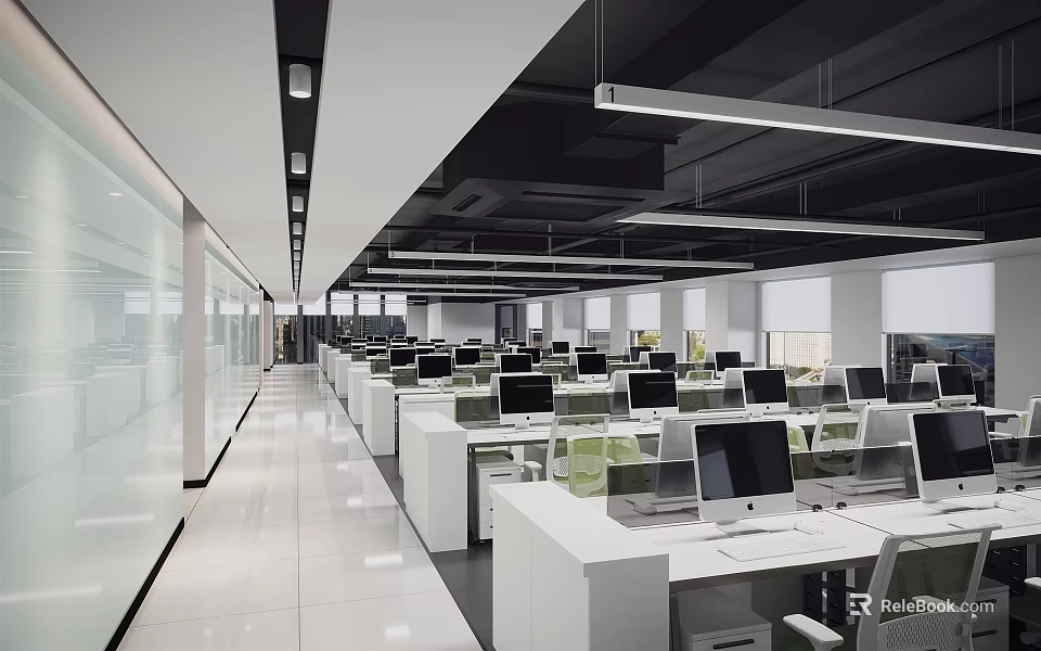 Modern Public Office Space With White Desks Computers And Bright Lighting 3d model