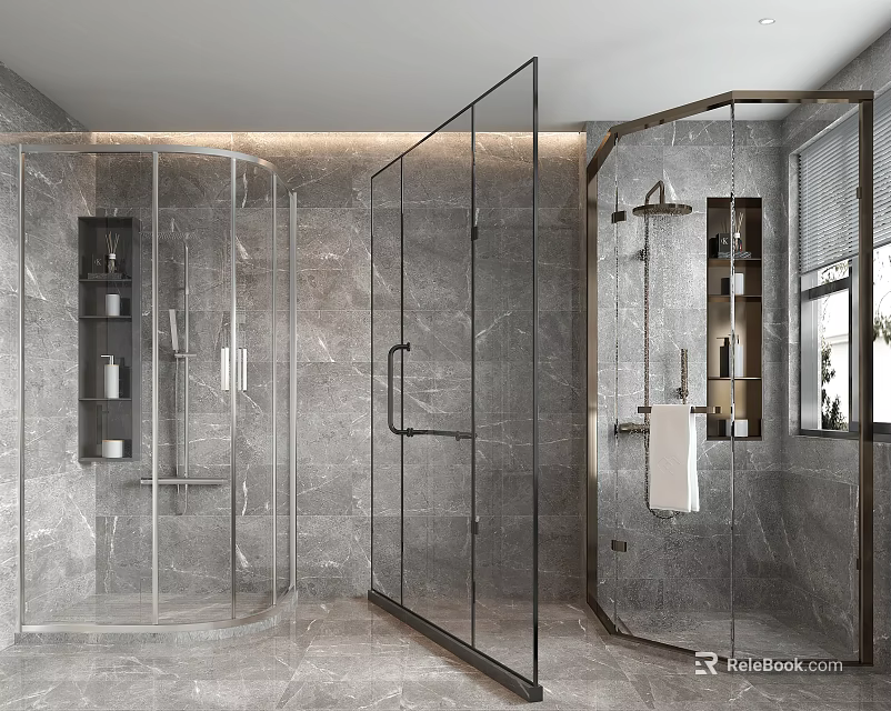 Modern Shower System With Glass Enclosure Grey Marble Walls And Storage Shelves 3d model 