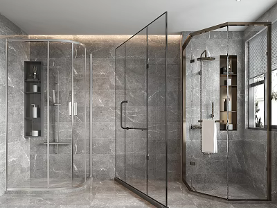 Modern Shower System With Glass Enclosure Grey Marble Walls And Storage Shelves 3d model