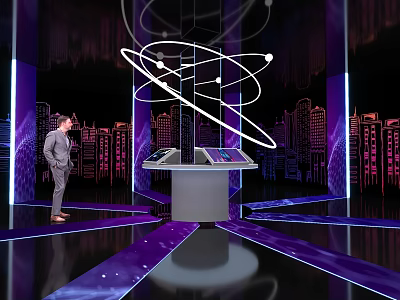 Futuristic Exhibition Space With Display Stand Two Screens Atomic Model Rings And City Silhouette Background 3d model