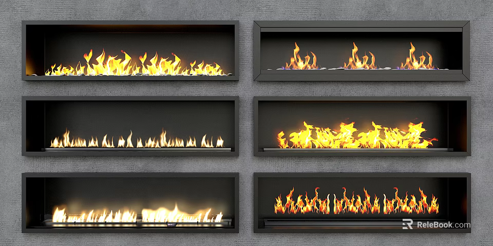 Six Modern Fireplaces With Burning Flames Arranged On Gray Wall Interior Design 3d model