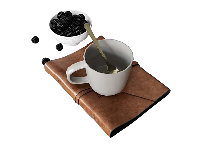 White Cup With Golden Spoon On Brown Notebook And White Bowl Blackberries Scattered Around 3d model