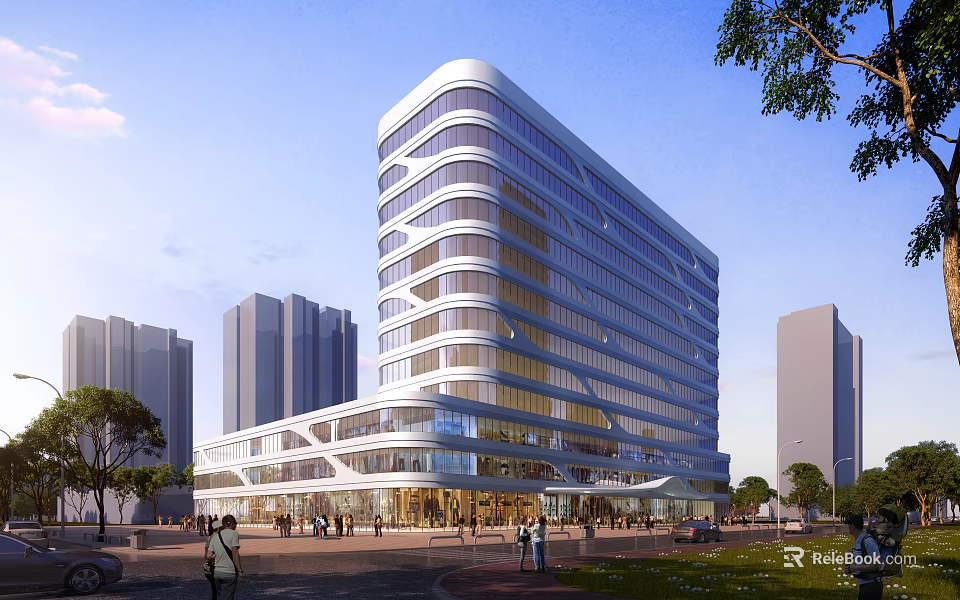 Modern Curved Glass Office Building Surrounded By Urban Skyscrapers With Pedestrian Plaza And Greenery 3d model 
