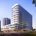 Modern Curved Glass Office Building Surrounded By Urban Skyscrapers With Pedestrian Plaza And Greenery