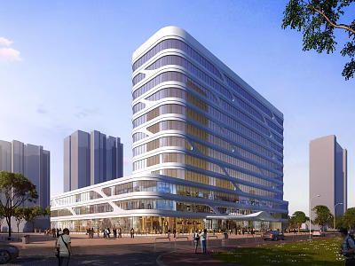 Modern Curved Glass Office Building Surrounded By Urban Skyscrapers With Pedestrian Plaza And Greenery 3d model