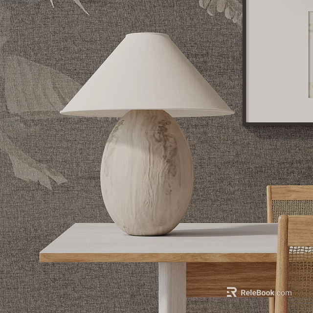 Wooden Egg Shaped Lamp With White Lampshade On White Table Against Gray Wall 3d model 