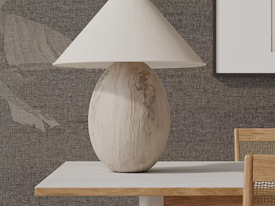 Wooden Egg Shaped Lamp With White Lampshade On White Table Against Gray Wall 3d model
