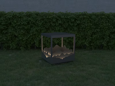 Modern Square Outdoor Light With Mountain Pattern Illuminated On Grass Against Green Hedge 3d model