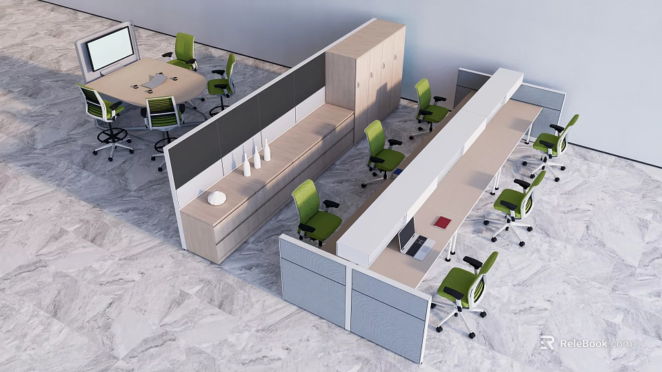 Modern Public Office Space With Green Office Chairs Desks Computers And Dividers 3d model 
