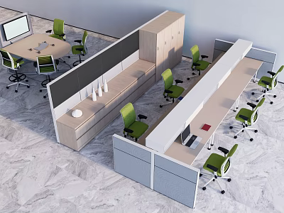Modern Public Office Space With Green Office Chairs Desks Computers And Dividers 3d model