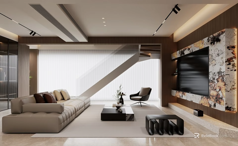 Modern Luxury Living And Dining Room Interior With Elegant Marble TV Wall And Soft Furnishings 3d model 