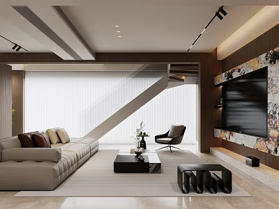 Modern Luxury Living And Dining Room Interior With Elegant Marble TV Wall And Soft Furnishings 3d model