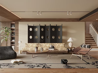 Modern Living Room Interior With Black Screen Circular Patterns Beige Sofa Coffee Table Floor Lamp And Plant 3d model