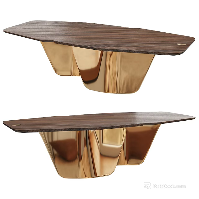 Elegant Modern Desk with Smooth Wooden Top and Shiny Golden Legs 3d model 