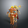 Man Wearing Brown Armor and Yellow Helmet With Golden Red Robot Holding Sword