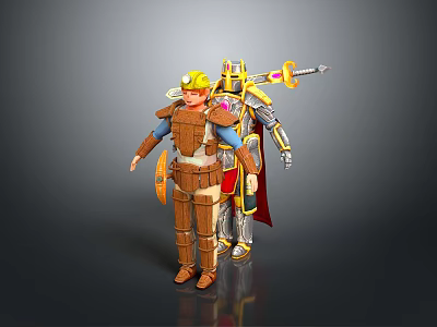 Man Wearing Brown Armor and Yellow Helmet With Golden Red Robot Holding Sword 3d model