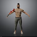 Shirtless Muscular Man With Flame Tattoo On Left Arm In Camouflage Pants And White Shoes