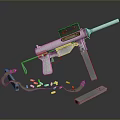 Silver Submachine Gun With Mounted Scope Scattered Bullets Magazine And Green Ammunition Belt