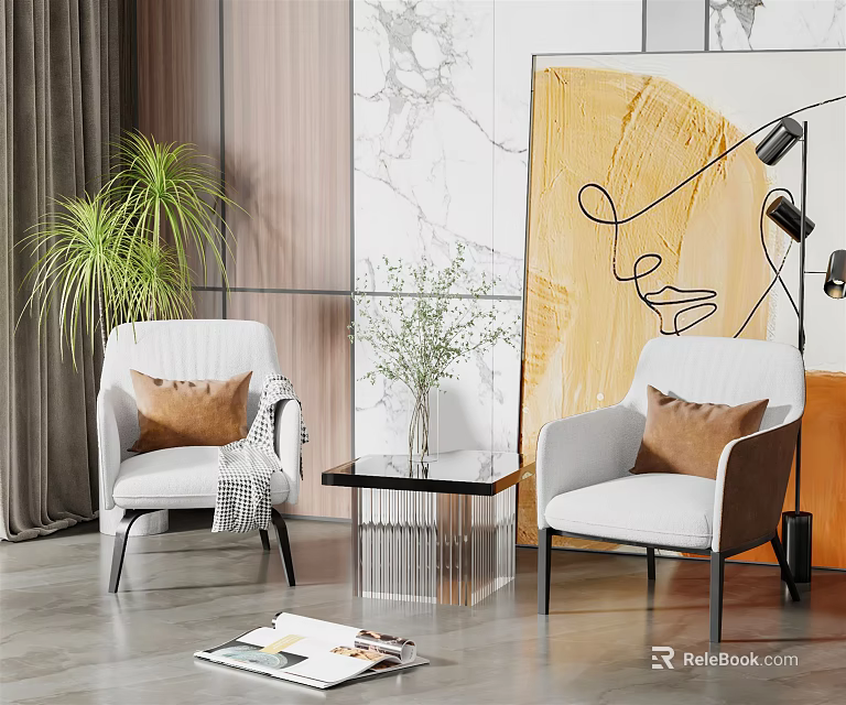 Modern Casual Sofa Set With Armchairs Side Table Decorative Pillows And Green Plants 3d model 