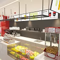 Modern Café Interior With Wooden Tables Chairs Large Windows And Red Wall