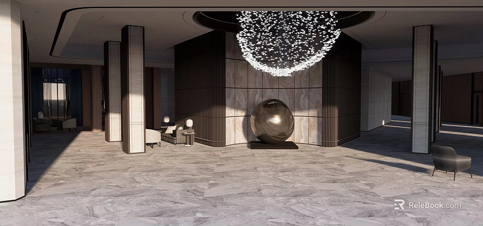 Luxurious Hotel Lobby Interior With Grand Chandelier Decorative Sphere And Marble Floor 3d model 