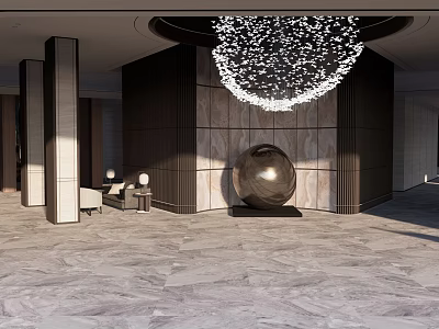 Luxurious Hotel Lobby Interior With Grand Chandelier Decorative Sphere And Marble Floor 3d model