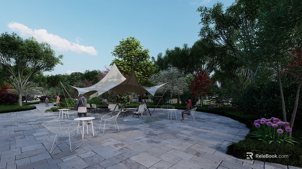 Park Landscape With Tent Like Canopy White Tables Chairs Stone Paved Area Green Trees 3d model 