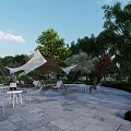 Park Landscape With Tent Like Canopy White Tables Chairs Stone Paved Area Green Trees