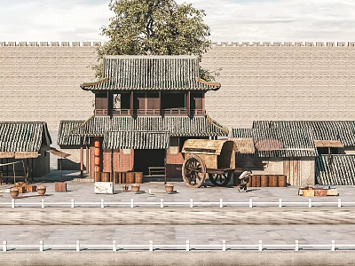 Traditional Ancient City Scenery Featuring Old Building Tiled Roof Ancient Cart And Open Square 3d model
