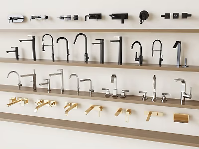 Various Modern Water Faucets With Different Designs And Colors On Display Shelves 3d model
