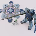 Detailed Blue Mecha Robot Model Holding Rifle Shield And Scattered Parts