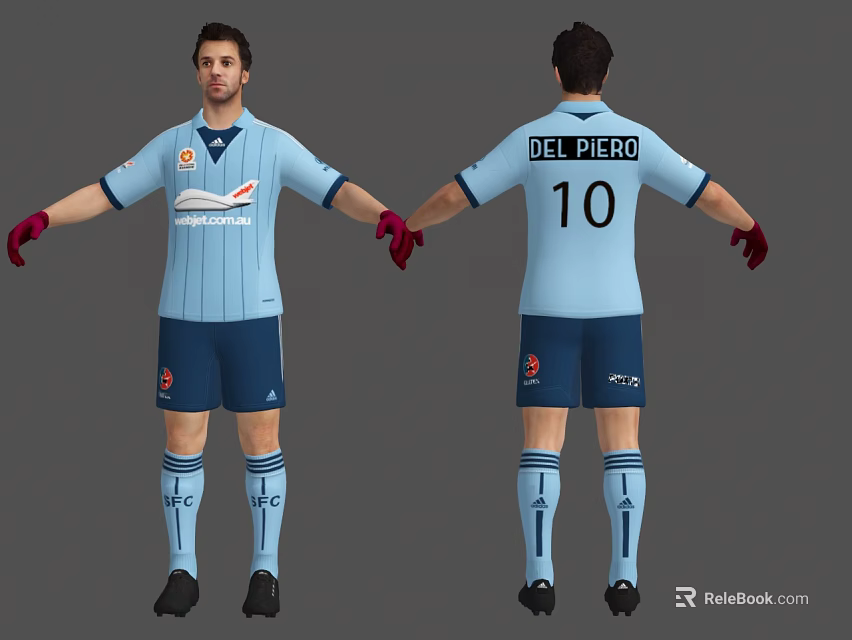Man Wearing Blue Football Jersey With Del Piero Name Number 10 On Back Red Gloves 3d model 