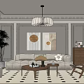 Elegant Modern Living Room With Beige Sofa Round Pendant Light Geometric Rug And Wooden Coffee Table