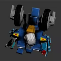 Blue Robot Character Wearing White Helmet With Back Wheels And Weapon