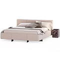 Modern Upholstered Bed With Beige Mattress Plush Pillows And Marble Nightstand
